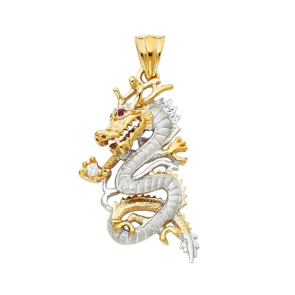 14K Two Tone CZ Dragon Pendant